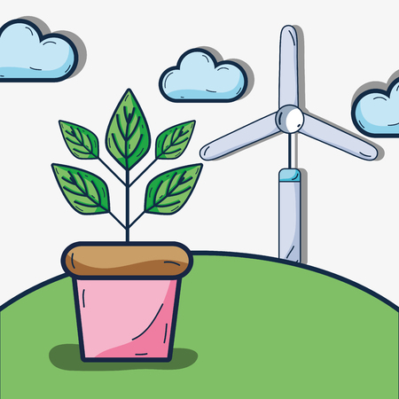 cute ecology plant with windpwer and mountainのイラスト素材