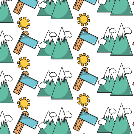 snowy mountains with surfboard and sun with clouds background vector illustrationのイラスト素材