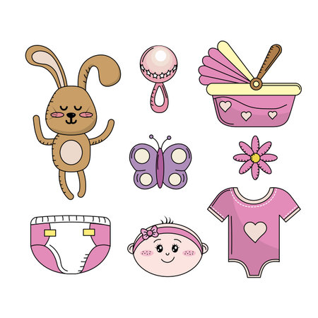 set baby shower girl tools elements vector illustrationのイラスト素材