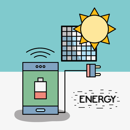 smartphone with low battery and power cable to solar energy vector illustrationのイラスト素材