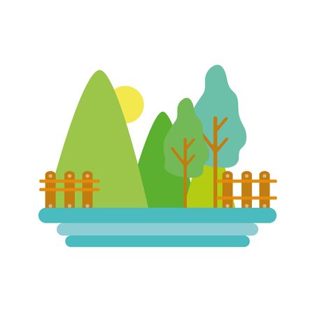 mountains with trees and grid wood with sun vector illustrationのイラスト素材