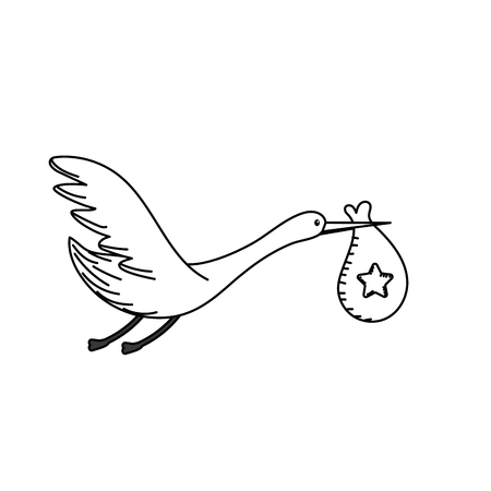 Line stork bird with baby in the bag vector illustrationのイラスト素材