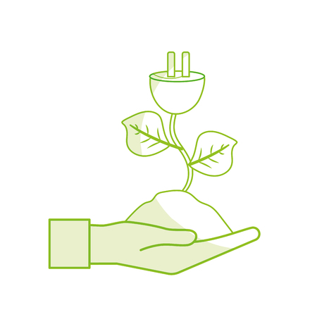 A silhouette hand with power cable plant with leaves and ground vector illustration.のイラスト素材