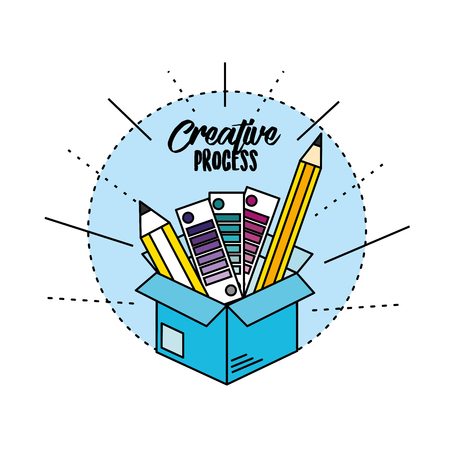 box with pencils and ideas to creative processのイラスト素材