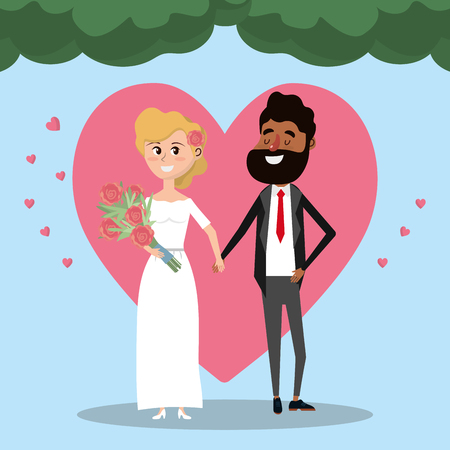 Couple married with heart and bouquet flowers vector illustrationのイラスト素材