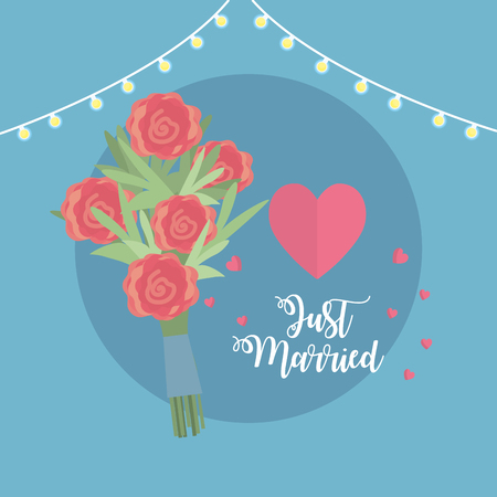 Just married celebration with bouquet and hearts vector illustration.のイラスト素材