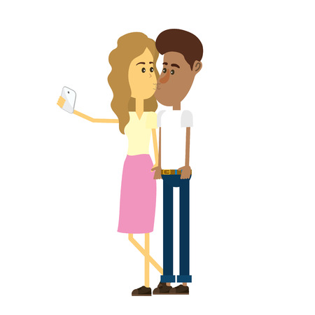 couple kissing and taking selfie with smartphoneのイラスト素材