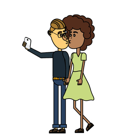 couple kissing and taking selfie with smartphoneのイラスト素材