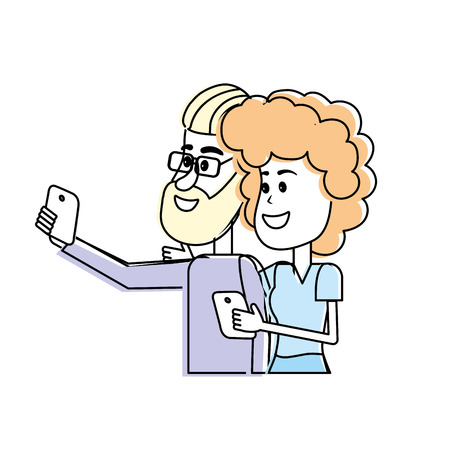 beauty couple with hairstyle and smartphone in the hand vector illustrationのイラスト素材