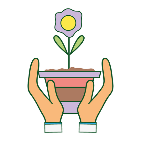 flower with petals and leaves inside plantpot in the handsのイラスト素材