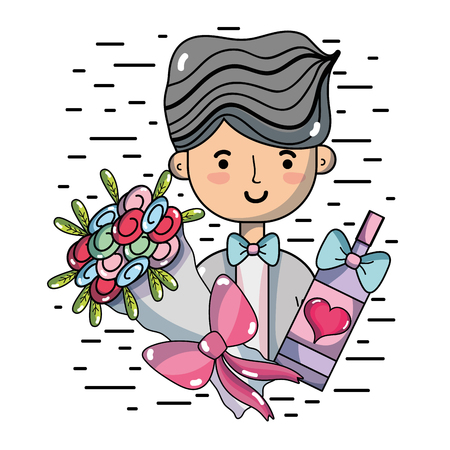 man with bouquet flowers and champagneのイラスト素材