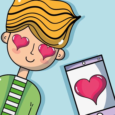 man lover with smarphone and heartのイラスト素材