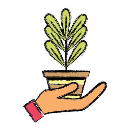 plant with leaves inside flowerpot design in the hand vector illustrationのイラスト素材