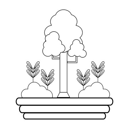 Line nice tree and plants with ground ecology vector illustrationのイラスト素材