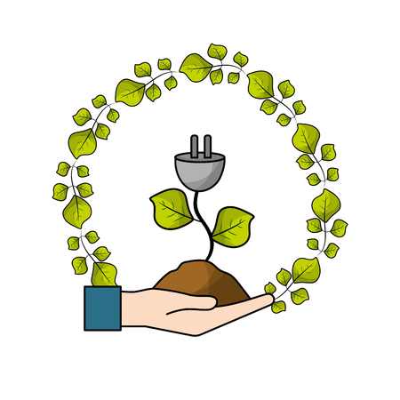 hand with power cable with leaves and groundのイラスト素材