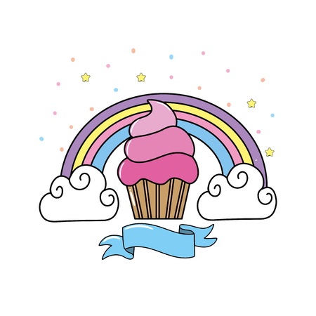 delicious muffin with rainbow and clouds with ribbonのイラスト素材