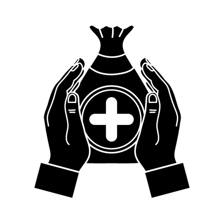 Black contour hands with a bag donation and cross symbolのイラスト素材