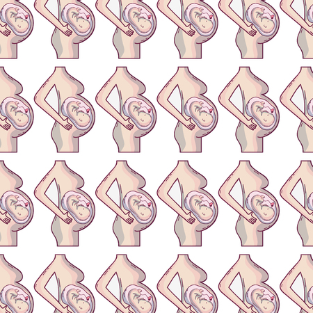 Pattern of motherhood, pregnancy conceptual illustration with baby inside the womb, attached umbilical cord seamless backgroundのイラスト素材