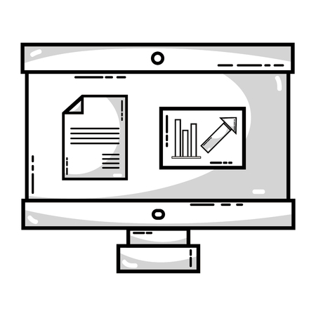 A line computer with company document and statistics diagram.のイラスト素材