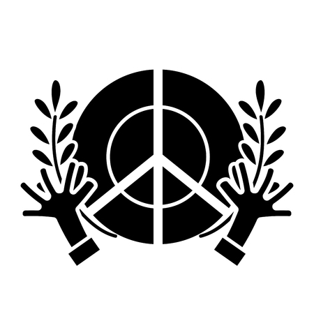 contour hippie emblem with hands and branches design vector illustrationのイラスト素材