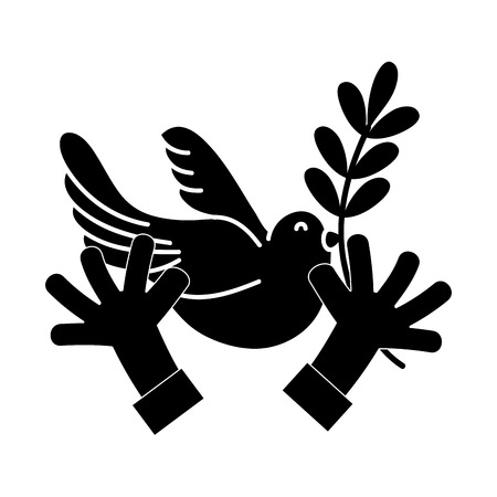 contour hands with dove animal and branch with leaves vector illustrationのイラスト素材