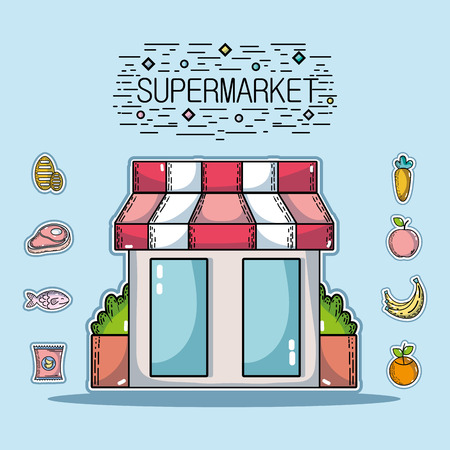 shopping products in the supermarket with variety foodのイラスト素材