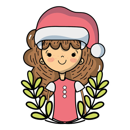 nice girl with christmas clothes and branches leaves design vector illustrationのイラスト素材