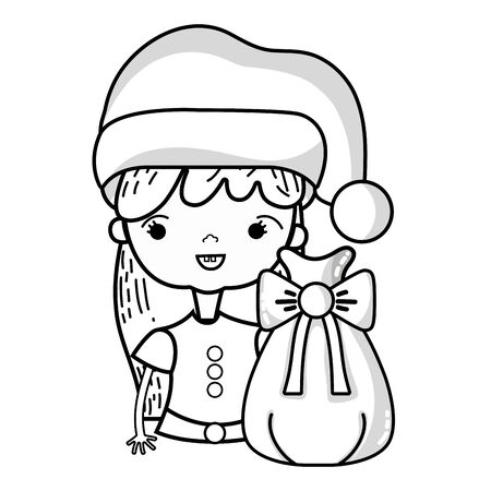 line nice girl with hat and christmas bag vector illustrationのイラスト素材