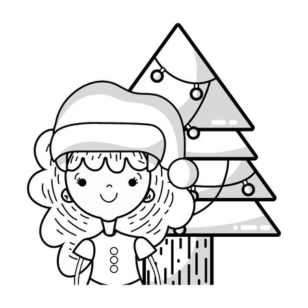 line girl with christmas clothes and pine with lights vector illustrationのイラスト素材