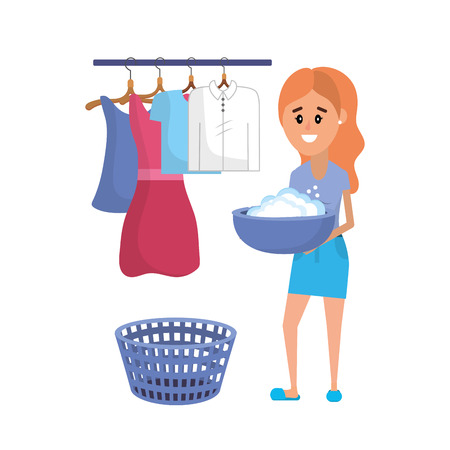 Laundry equipment and woman doing a domestic job vector illustrationのイラスト素材