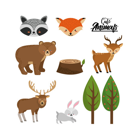set cute wild animal with natural treesのイラスト素材