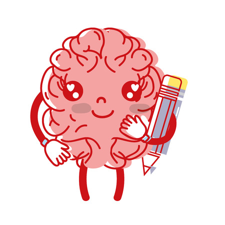 kawaii happy brain with pencil toolのイラスト素材
