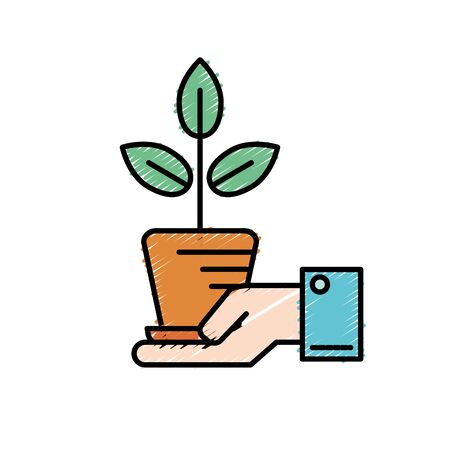 ecology plant with flowerpot and leaves in the handのイラスト素材