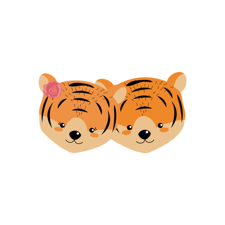 cute tiger head animal couple together vector illustration