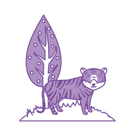contour cute tiger wild animal next to tree vector illustrationのイラスト素材