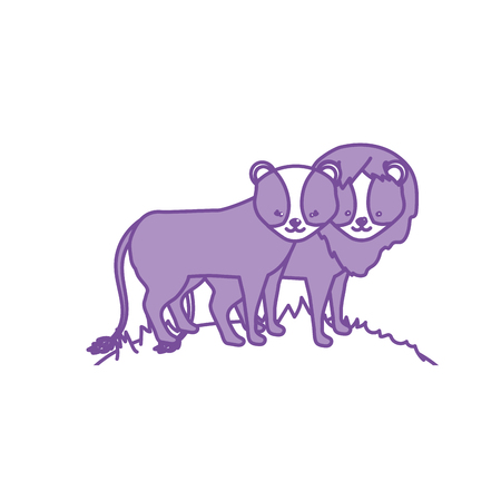 contour cute lion animal couple together vector illustrationのイラスト素材