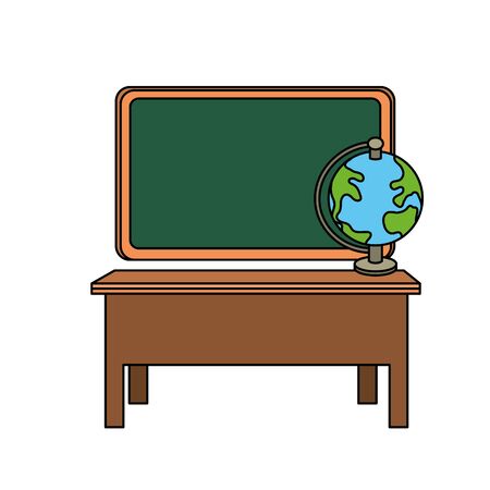 blackboard object and wood desk with global map vector illustrationのイラスト素材