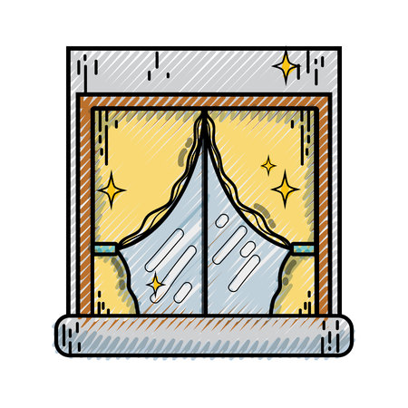 grated house window clean with curtains design vector illustrationのイラスト素材