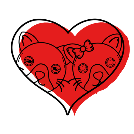 color cute cat couple animal together inside the heart vector illustrationのイラスト素材