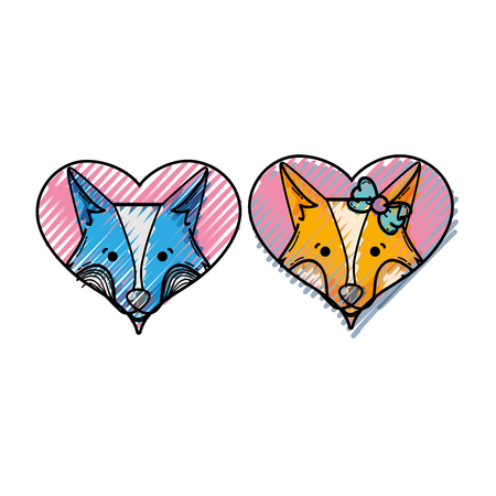 grated cute fox couple animal inside the hearts vector illustrationのイラスト素材