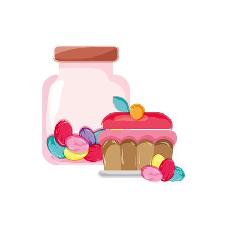 candy almonds inside jar and cake dessert vector illustrationのイラスト素材