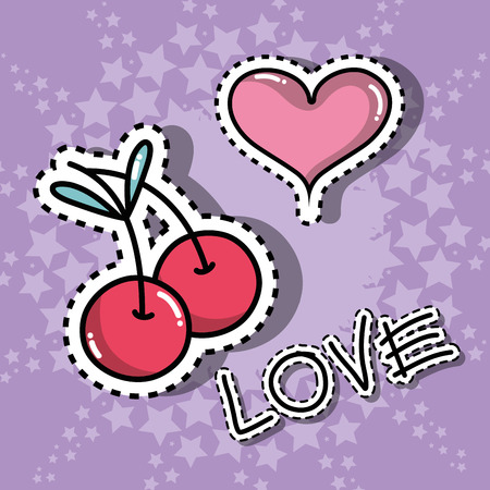 cherry and heart cute patches stickerのイラスト素材