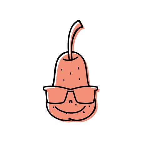Colored cute, happy pear fruit wearing sunglasses in cartoon vector illustration.のイラスト素材