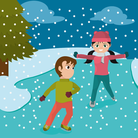 children with winter clothes playing in the iceのイラスト素材