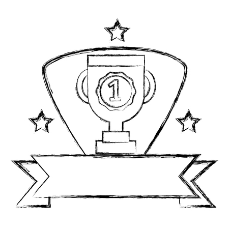 Line figure cup prize emblem with number one and ribbon design vector illustration.のイラスト素材