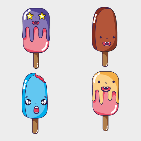 Set of cute ice lollies with faces expression vector illustration.のイラスト素材