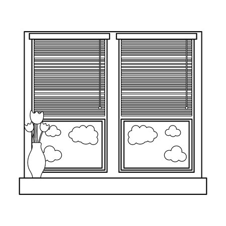 Line window with blind curtain and fower inside jar vector illustrationのイラスト素材