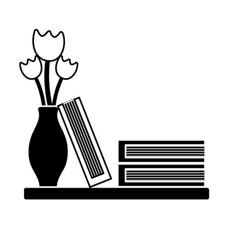 Wooden shelf with flowers and books.のイラスト素材