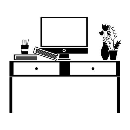 contour wood desk object with drawers and computer vector illustrationのイラスト素材