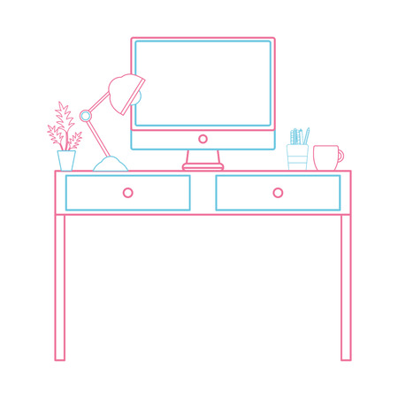 color line office desk with lamp and computer screen vector illustrationのイラスト素材